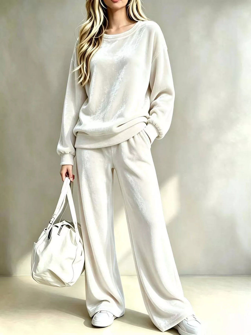 Cream dropped Shoulder Velvet Top and Wide Leg Pants Set