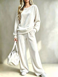 Cream dropped Shoulder Velvet Top and Wide Leg Pants Set