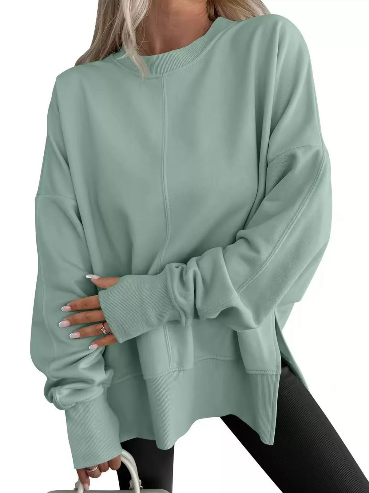 Sage green oversized Crew Neck Sweatshirt with Side Slit