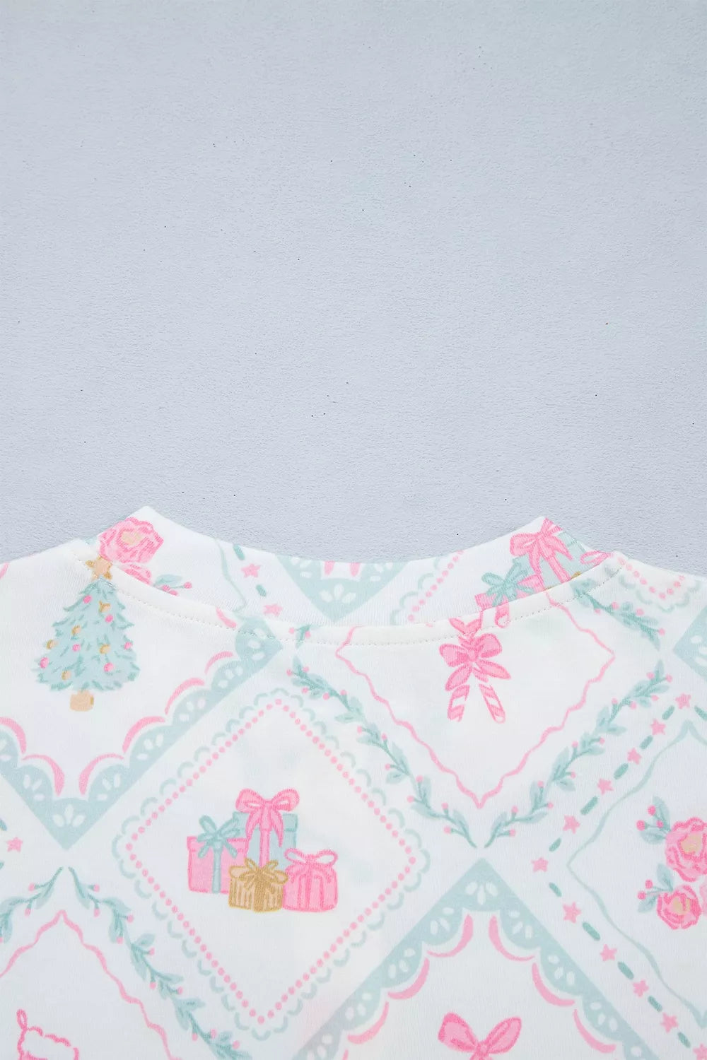 White long Sleeve Patchwork Shift and Pants Christmas Daily Wear Lounge Set — detail view