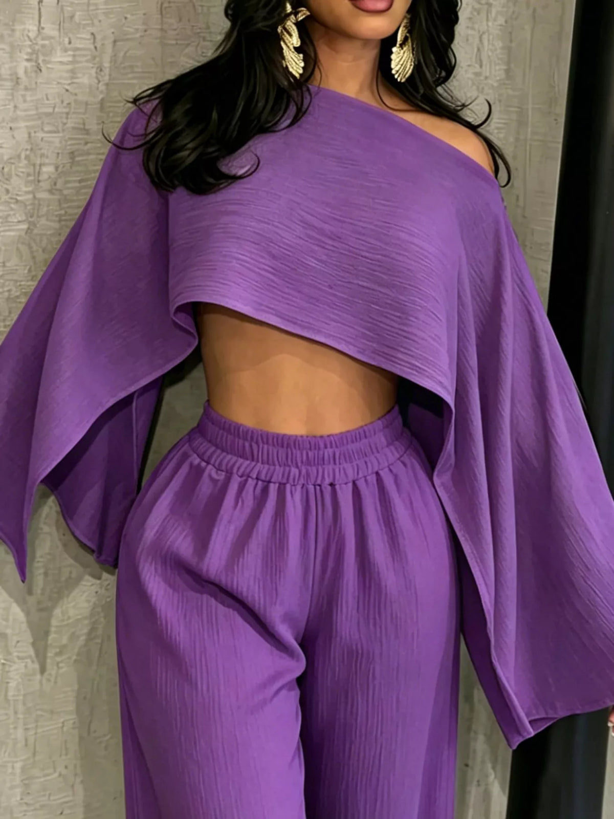 Purple boat Neck Crop Top and Wide-Leg Pants Set — back view