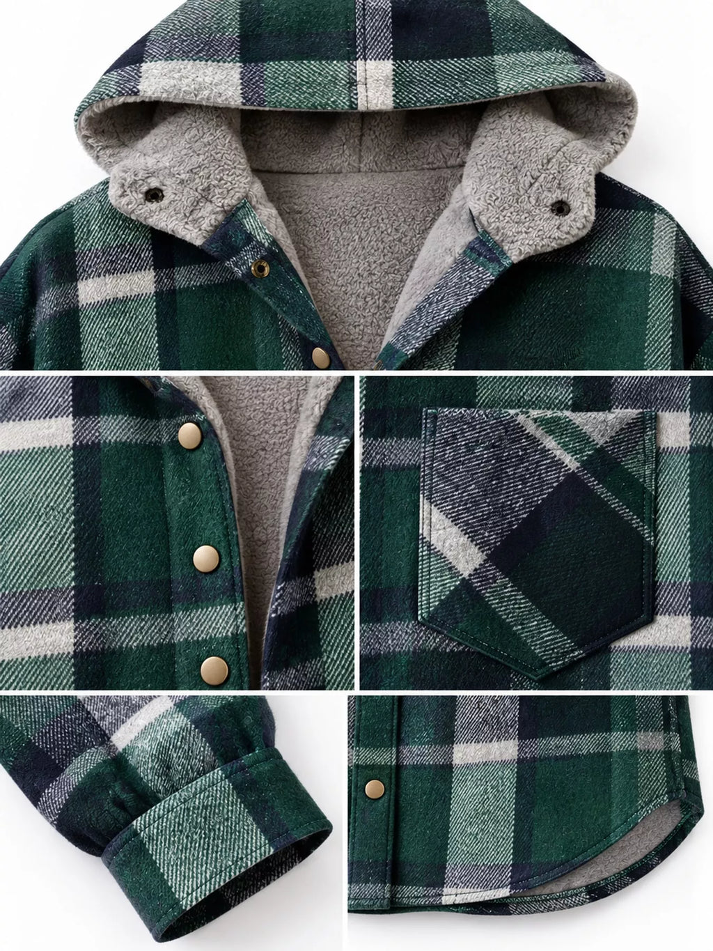 Collage of the green plaid jacket's lining, hood, buttons, pocket and cuff.