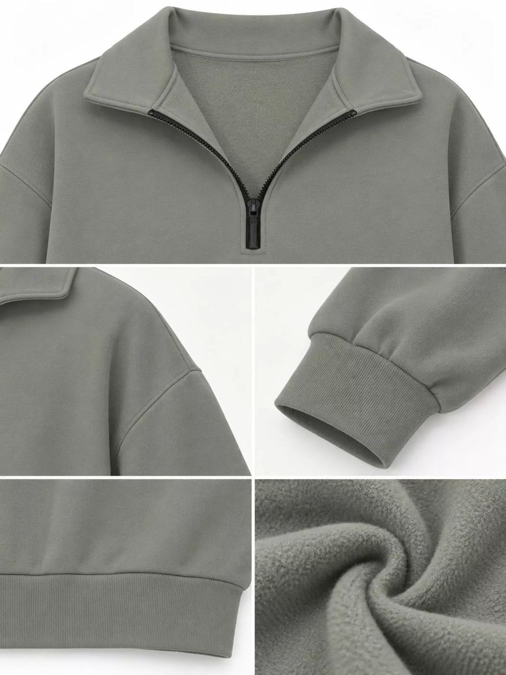 Olive green quarter-Zip Dropped Shoulder Sweatshirt — detail view
