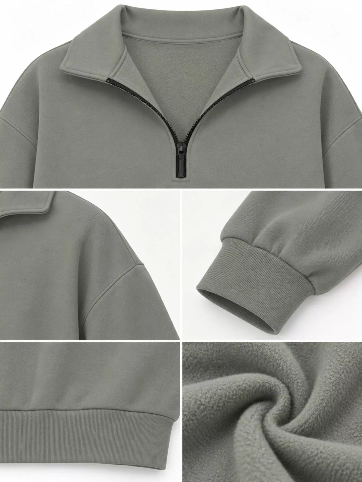 Olive green quarter-Zip Dropped Shoulder Sweatshirt — detail view