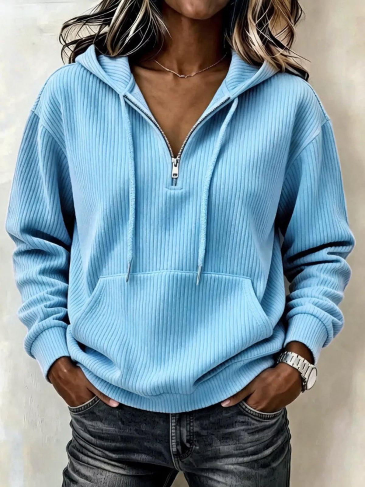 Light blue ribbed Knit Quarter-Zip Hoodie