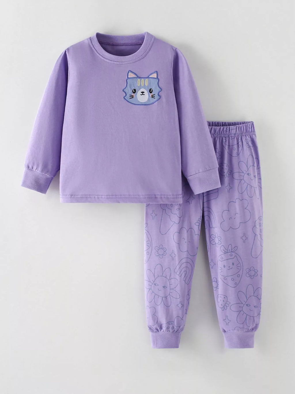 Purple cat graphic sweatshirt and matching pants displayed flat