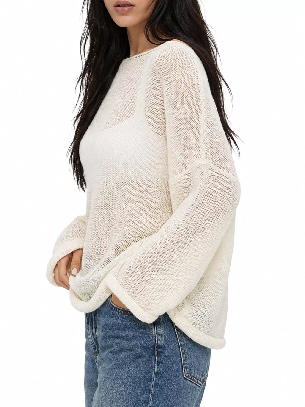 Cream sheer Lightweight Knit Top