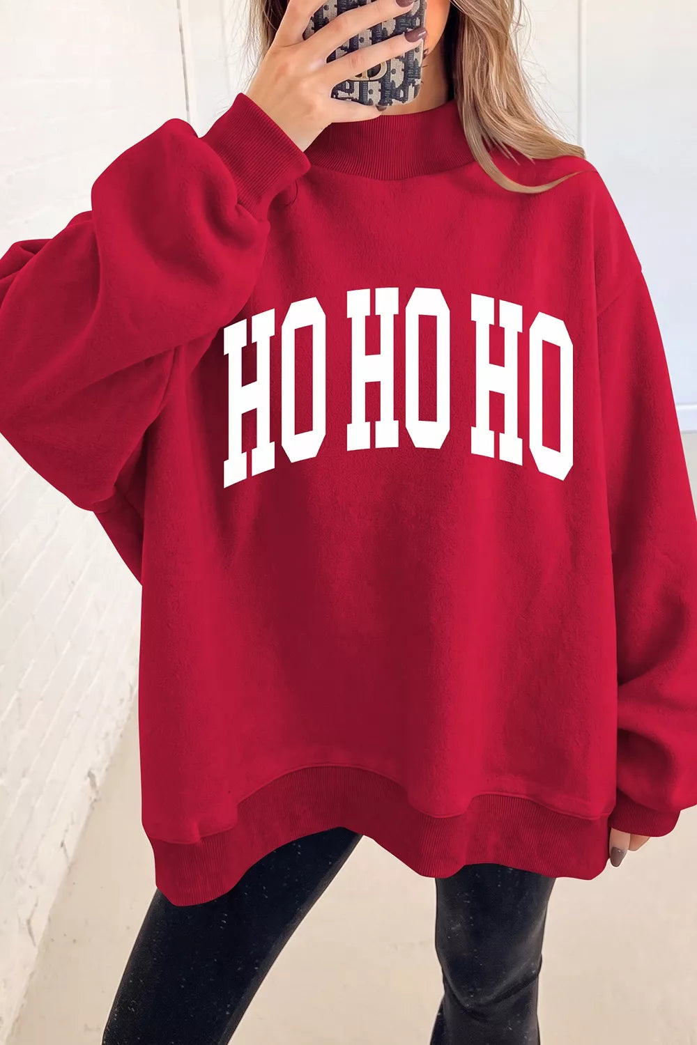 Red christmas Slogan MERRY High Neck Tunic Holiday Sweatshirt