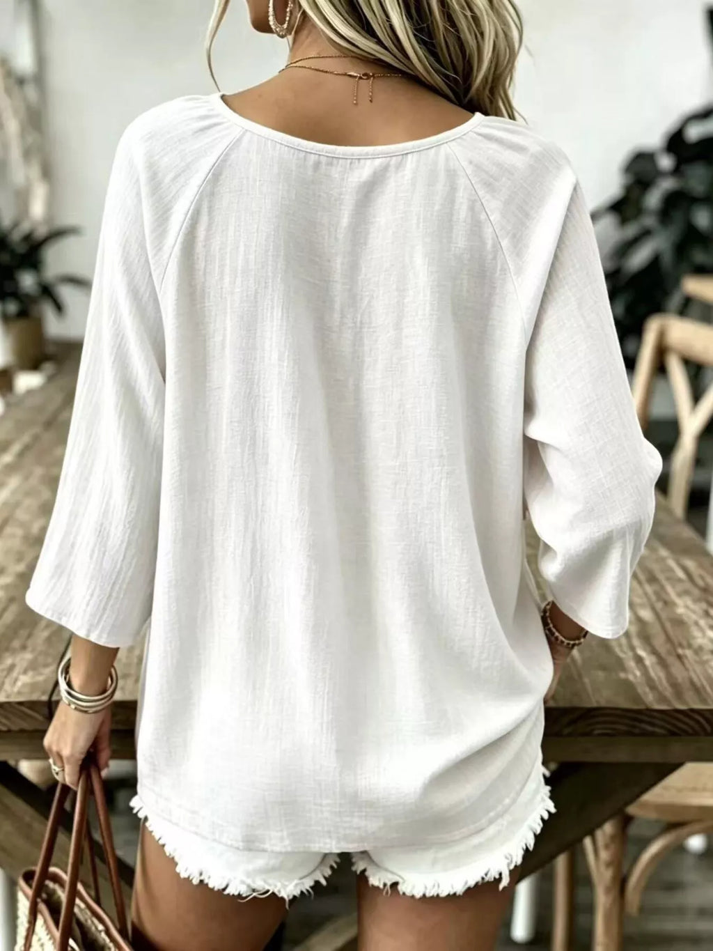 White textured V-Neck T-Shirt