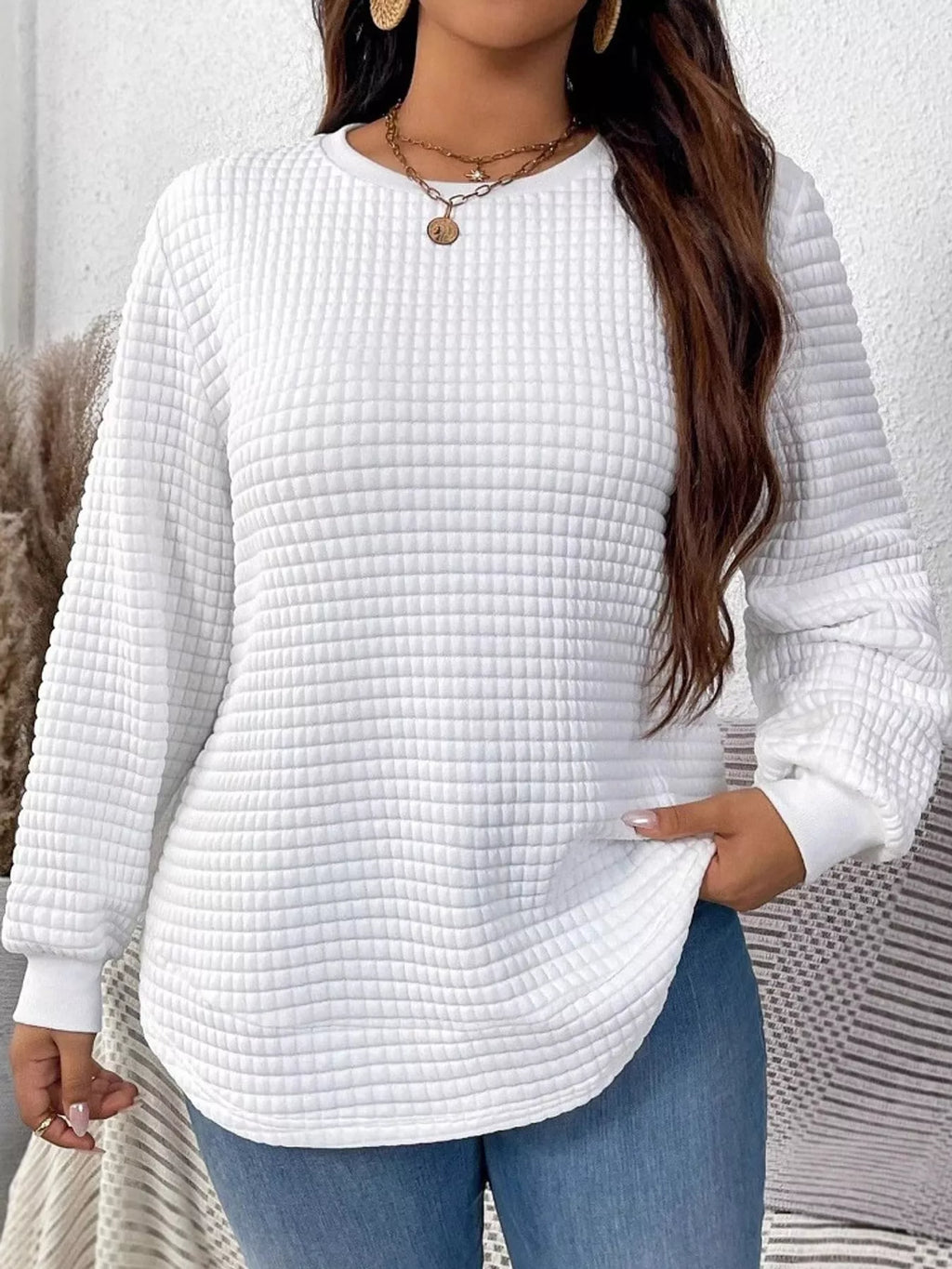 White textured Waffle Knit Crew Neck Sweatshirt