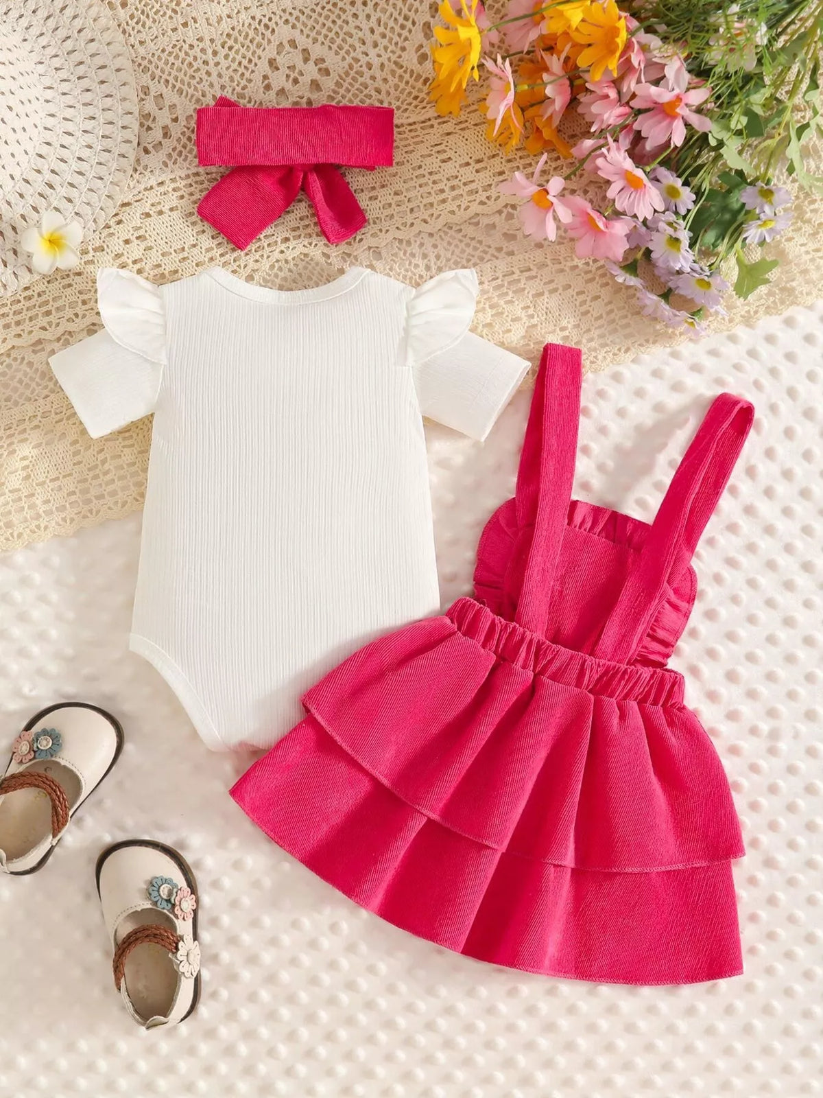 Back flat lay of the white bodysuit, bright pink suspender skirt and matching bow.