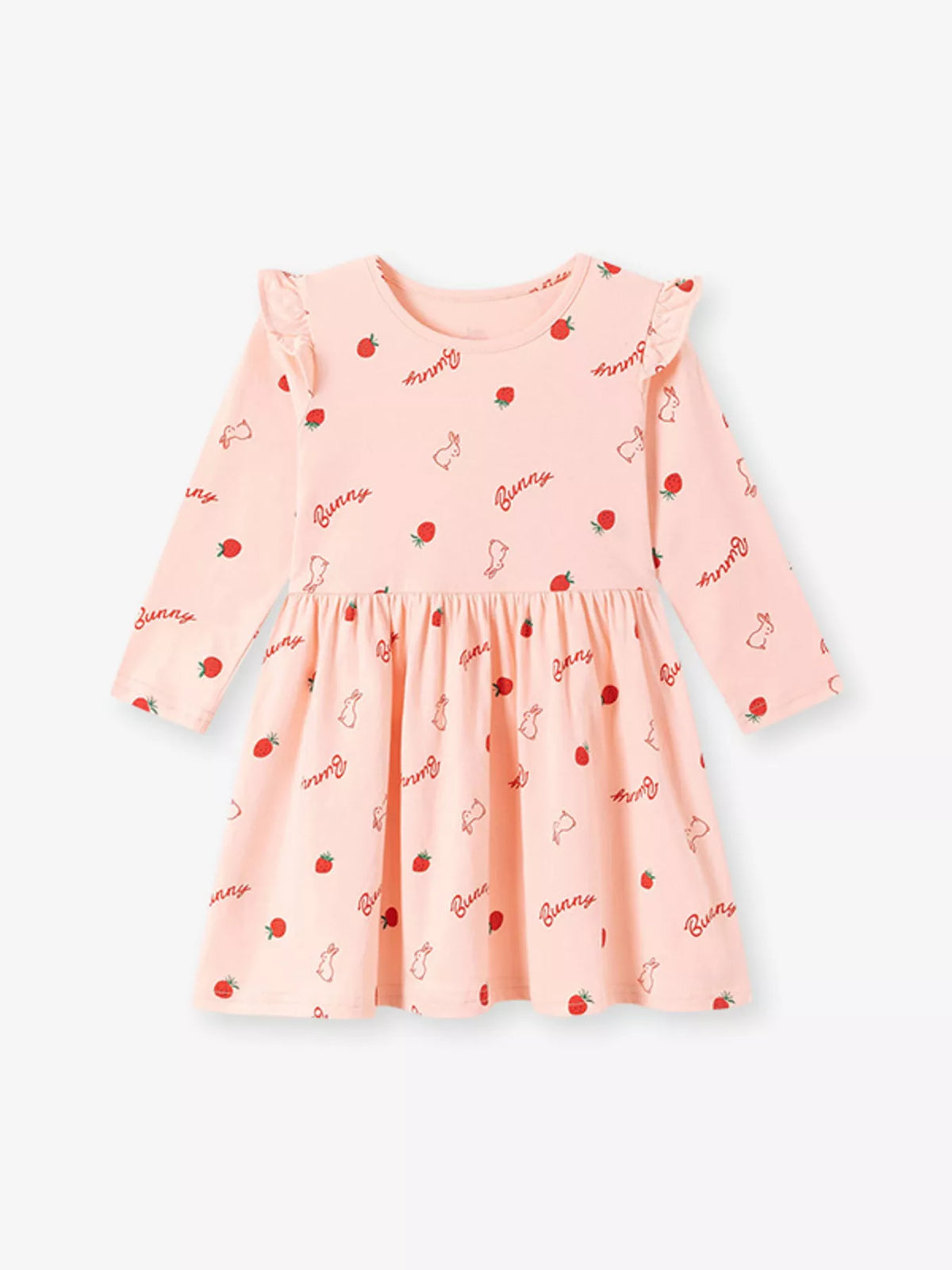 Front product view of the pink strawberry-and-bunny print ruffle dress.