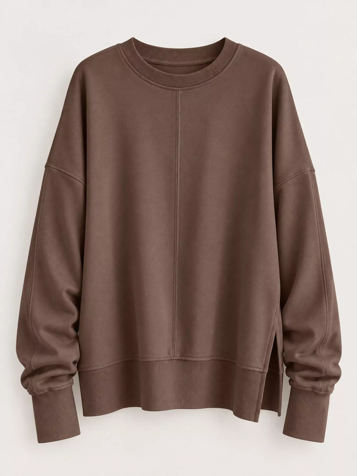 Brown oversized Crew Neck Sweatshirt with Side Slit