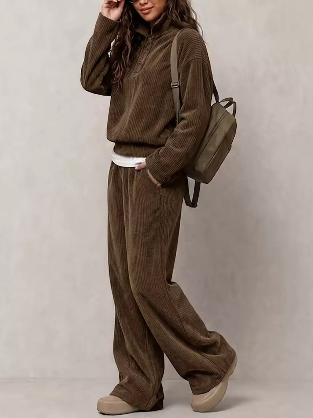 Brown corduroy Button Detail Top and Wide-Leg Pants Set