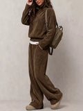 Brown corduroy Button Detail Top and Wide-Leg Pants Set