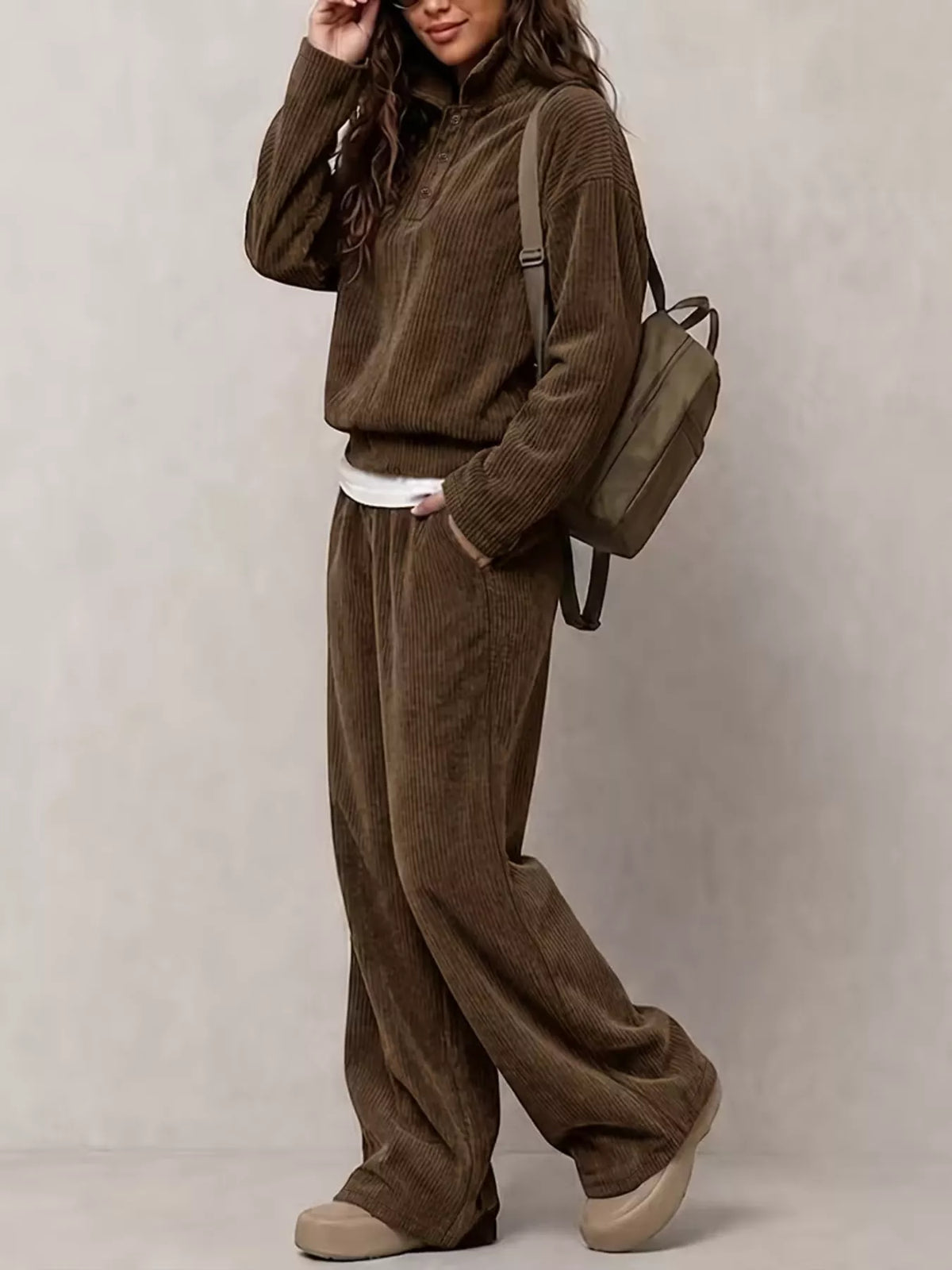 Brown corduroy Button Detail Top and Wide-Leg Pants Set