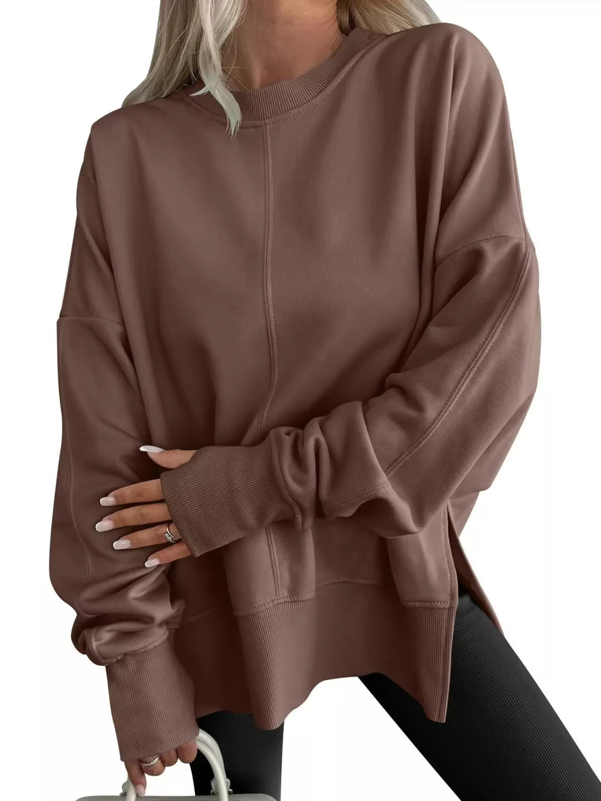 Brown oversized Crew Neck Sweatshirt with Side Slit