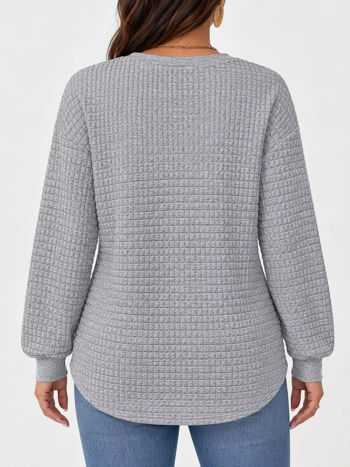 Gray textured Waffle Knit Crew Neck Sweatshirt — back view