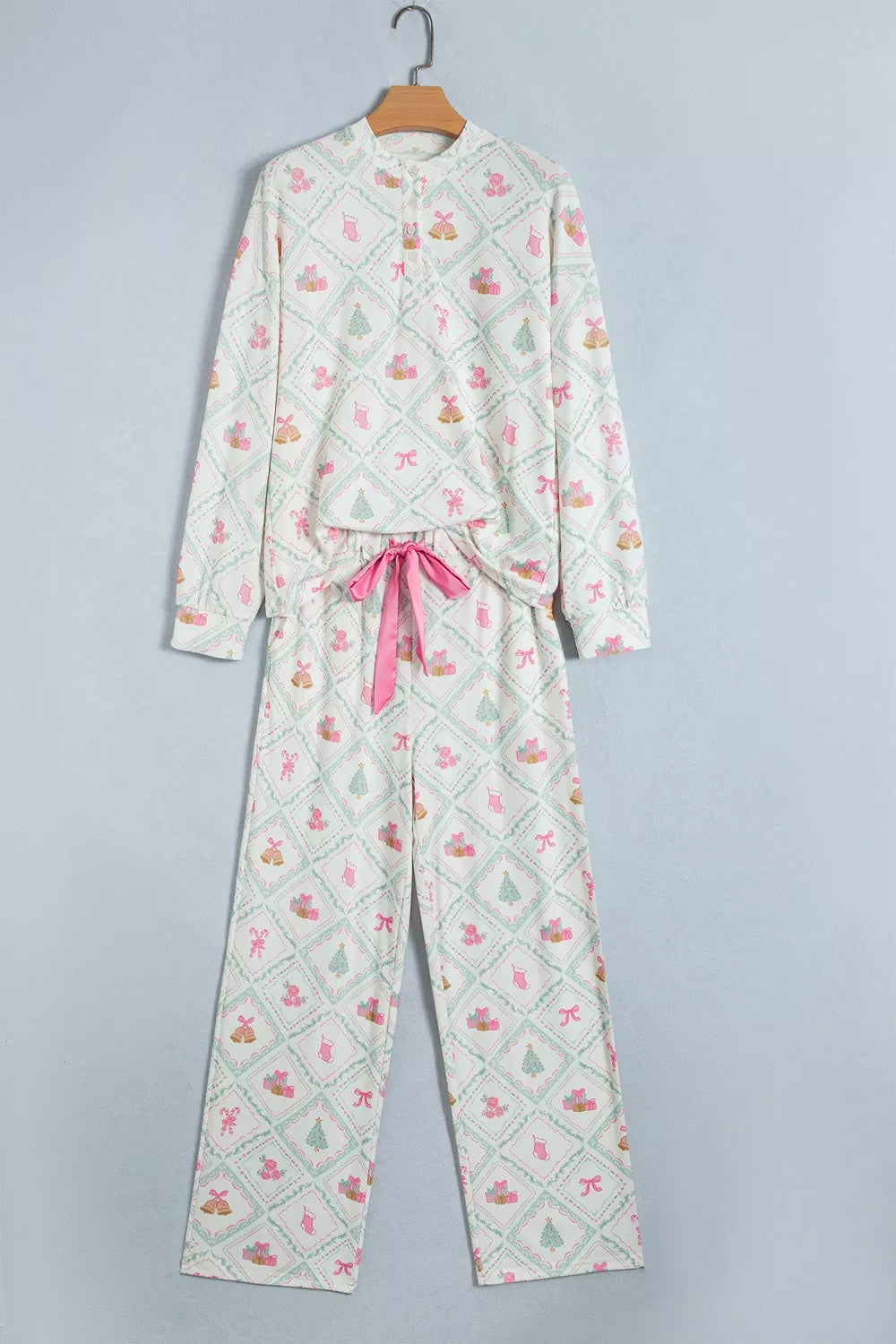 White long Sleeve Patchwork Shift and Pants Christmas Daily Wear Lounge Set
