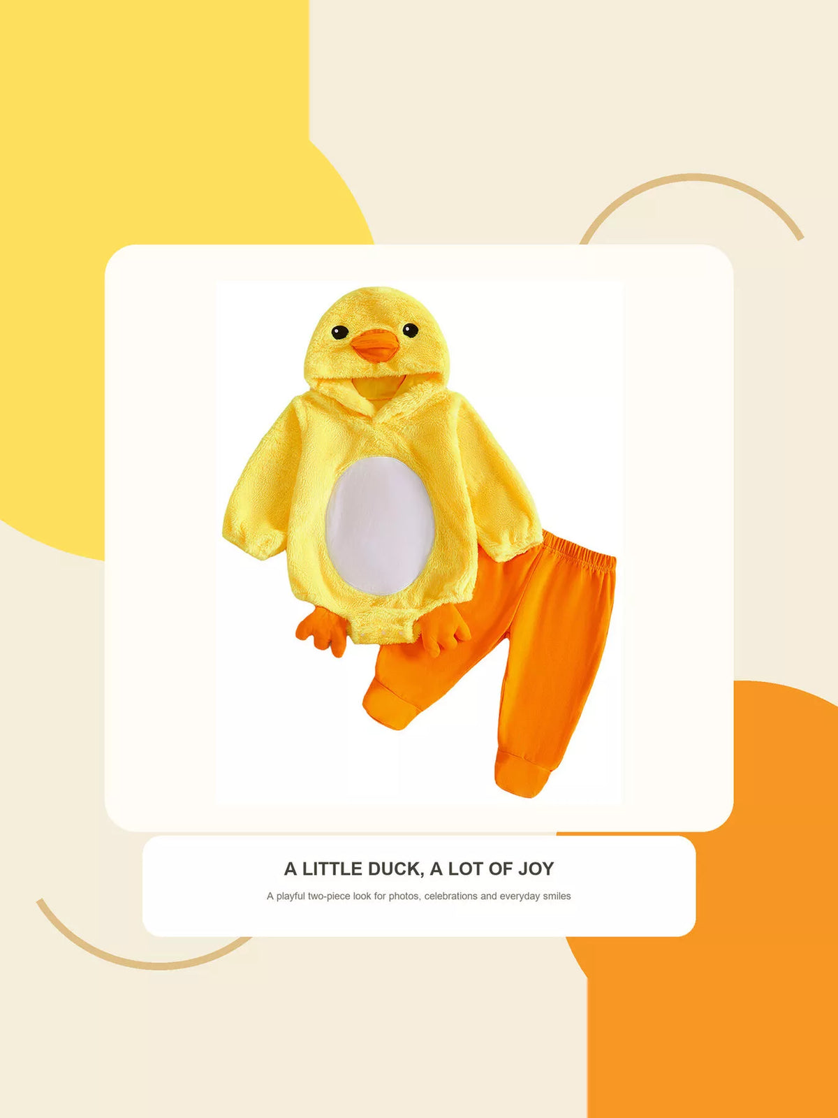 Yellow duck hooded top with a white belly panel and orange pants on a product display.