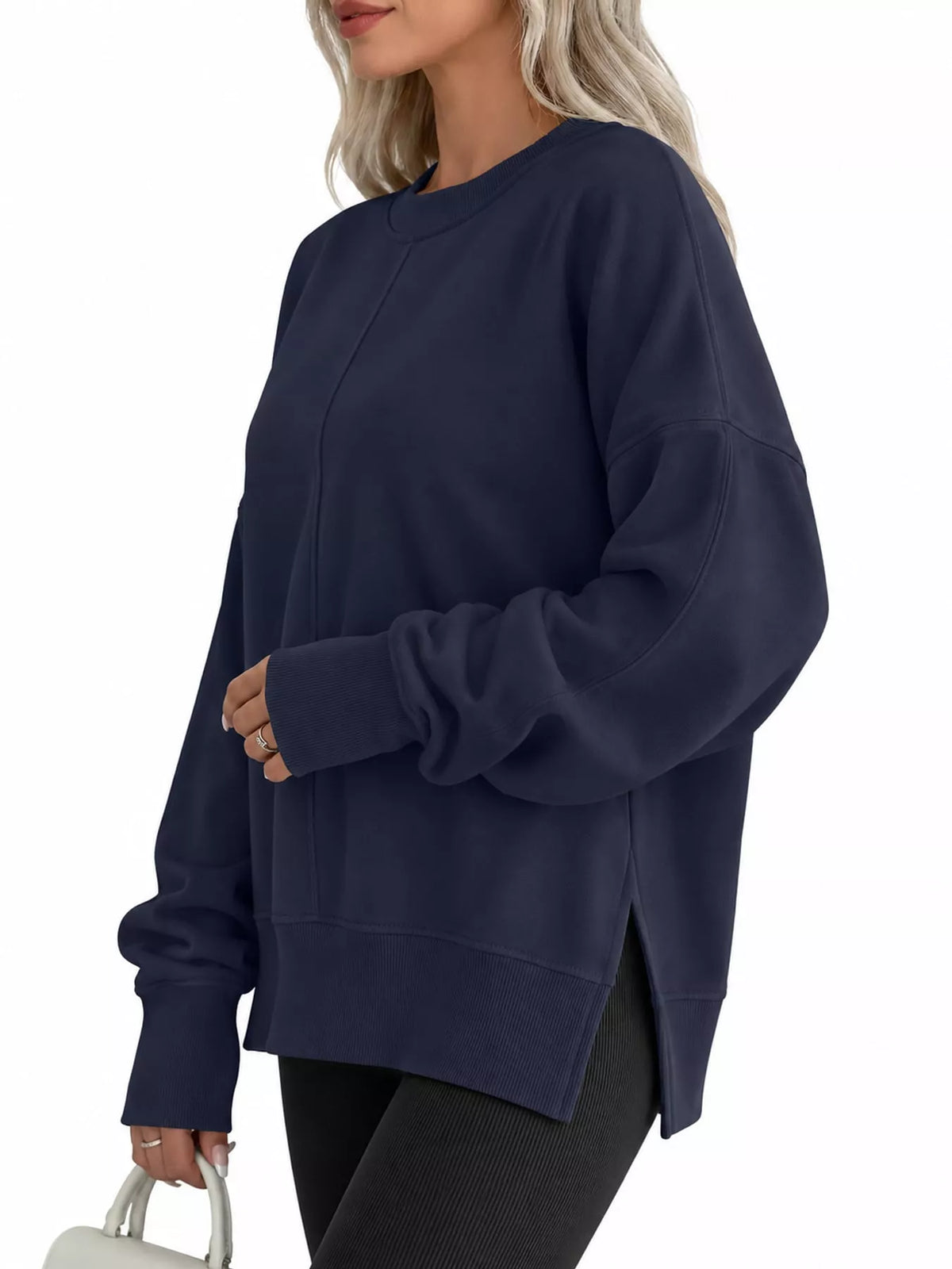 Navy oversized Crew Neck Sweatshirt with Side Slit