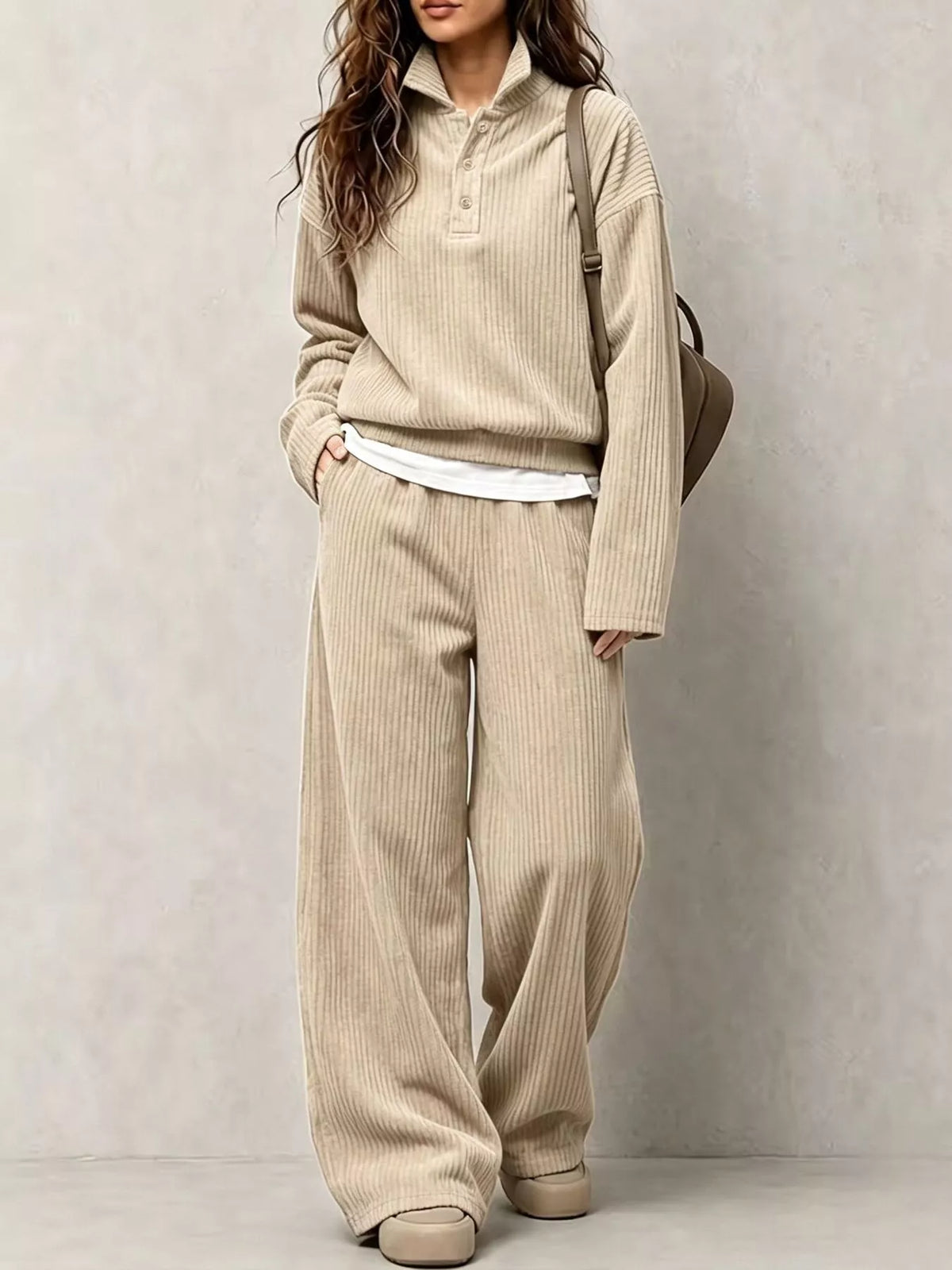 Beige corduroy Button Detail Top and Wide-Leg Pants Set