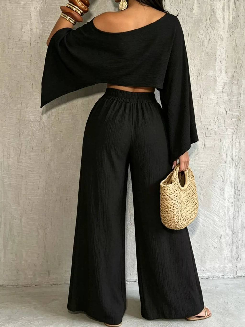 Black boat Neck Crop Top and Wide-Leg Pants Set — back view
