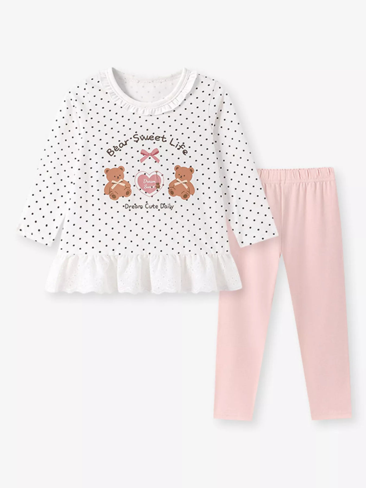Children’s white polka-dot bear graphic ruffle-hem top with pink leggings displayed flat