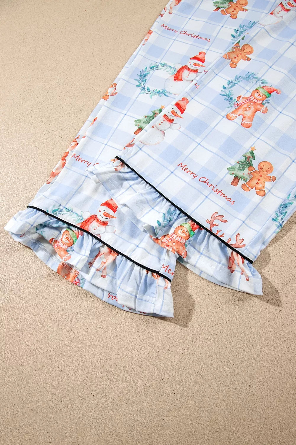 Light blue plaid Cartoon Christmas Pattern Shirt Top 2pcs Pajama Set — detail view