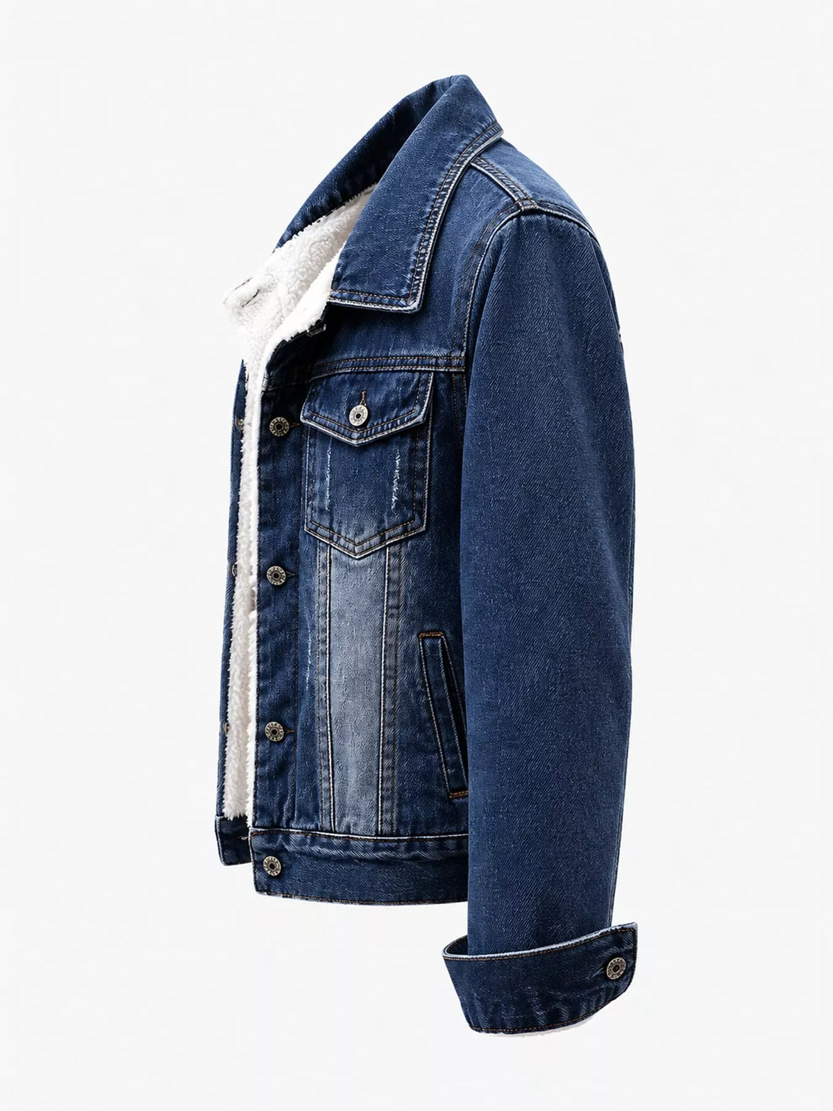 Side view of the medium-blue fleece-lined denim jacket.