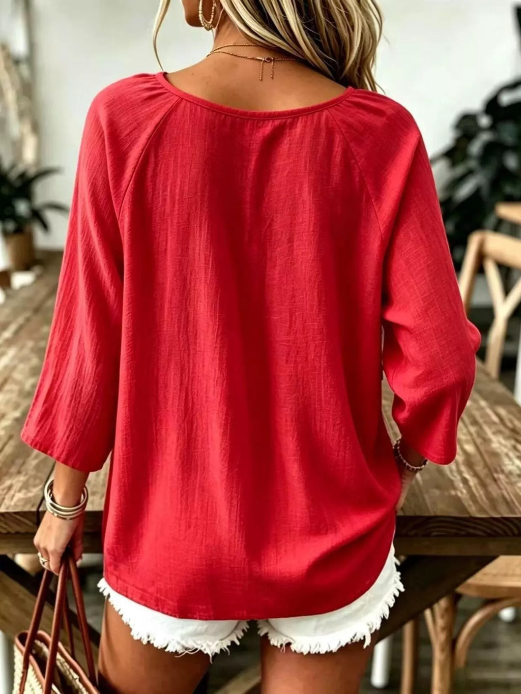 Red textured V-Neck T-Shirt — back view