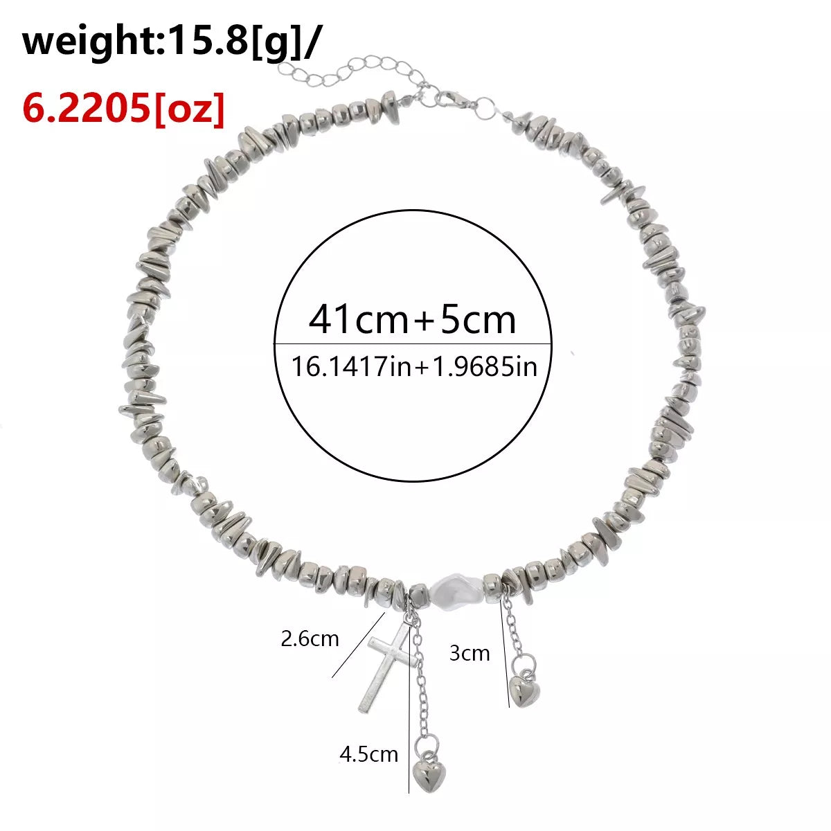 Measurements diagram for chunky silver-tone chain necklace with cross and dangling charms