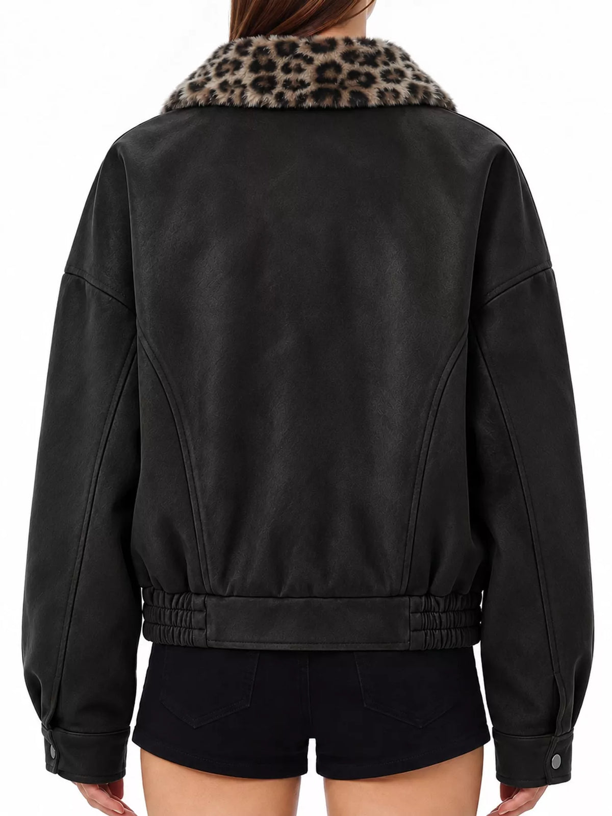 Back view of the black jacket and leopard-print collar.