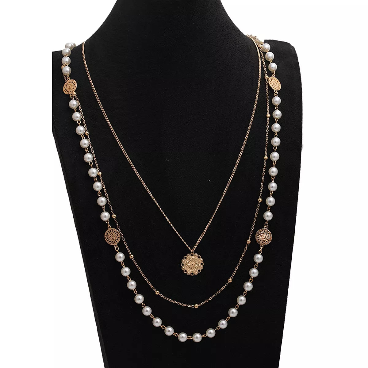 Layered pearl-like bead and coin pendant necklace