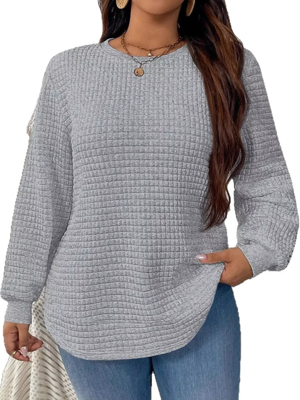 Gray textured Waffle Knit Crew Neck Sweatshirt
