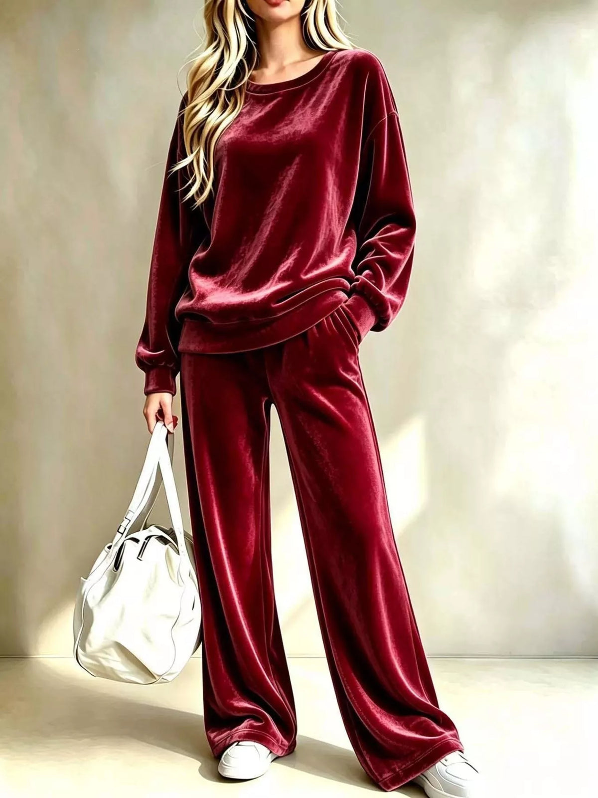 Burgundy dropped Shoulder Velvet Top and Wide Leg Pants Set