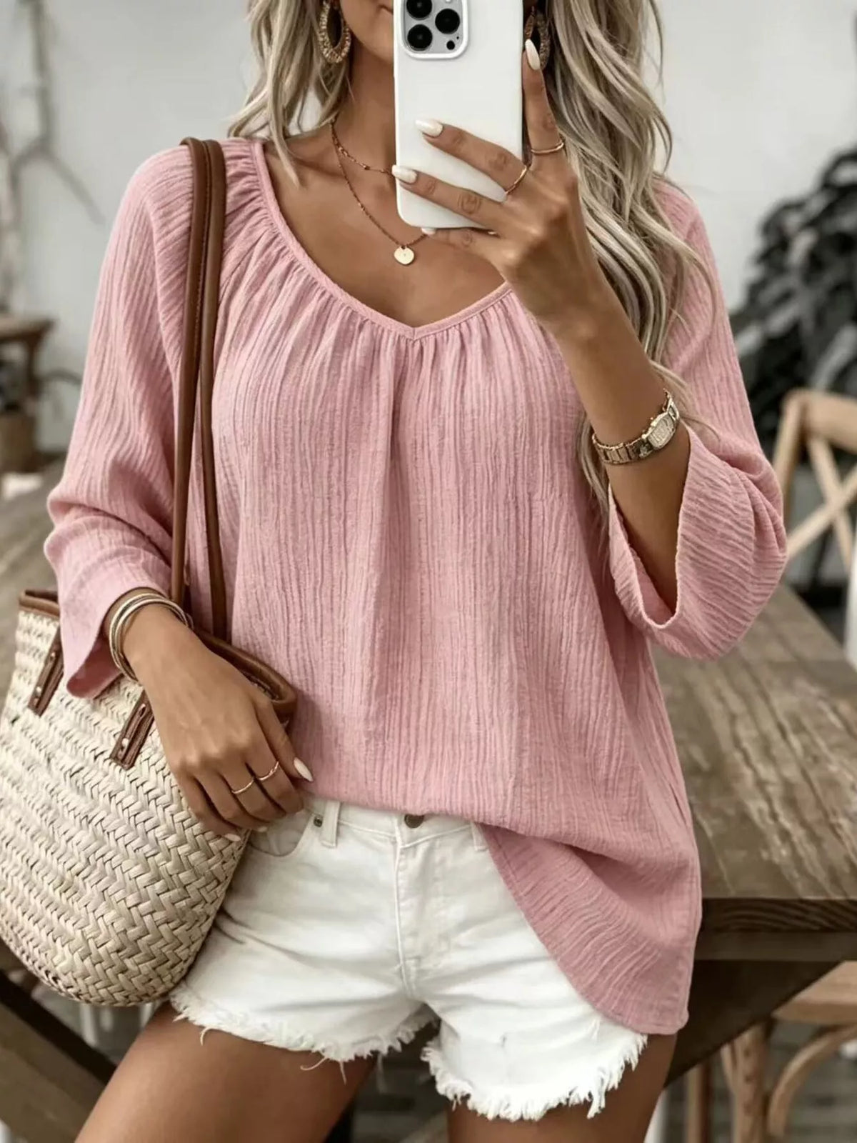 Pink textured V-Neck T-Shirt