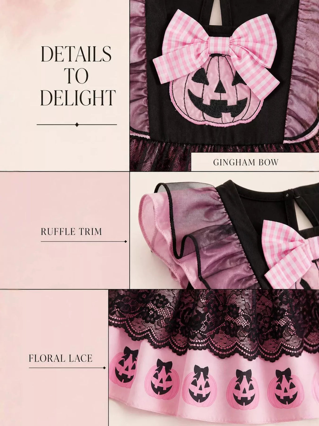 Detail collage of the pink pumpkin bow applique, ruffle shoulder and floral lace skirt.