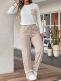 Cream and beige long Sleeve Pocket Top and Wide-Leg Drawstring Pants Set