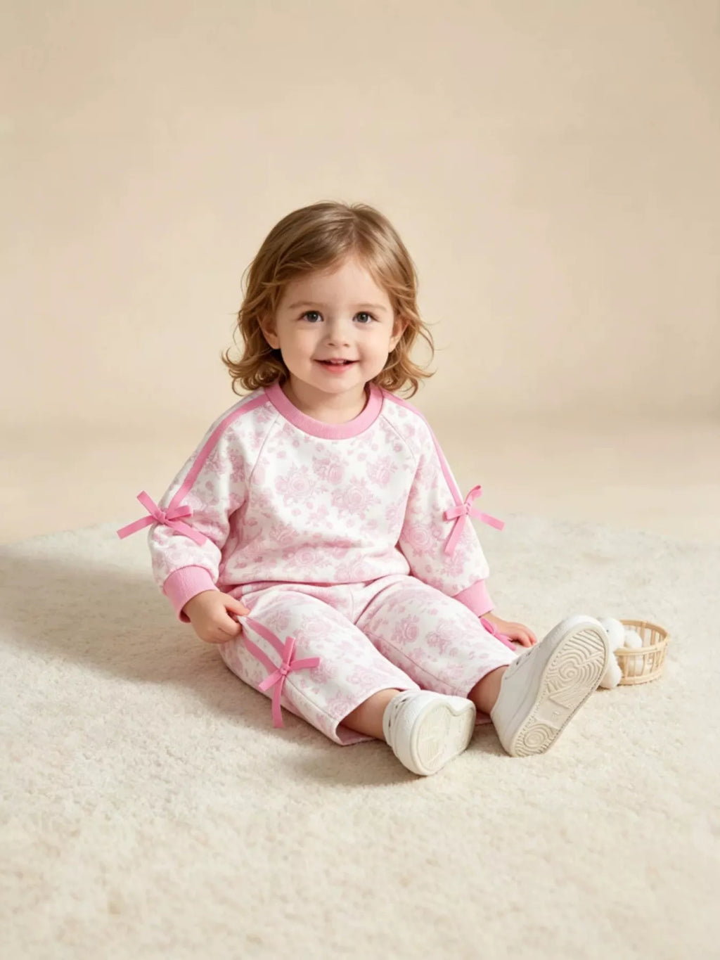 Pink floral-print long-sleeve lounge top and matching pants worn by a child
