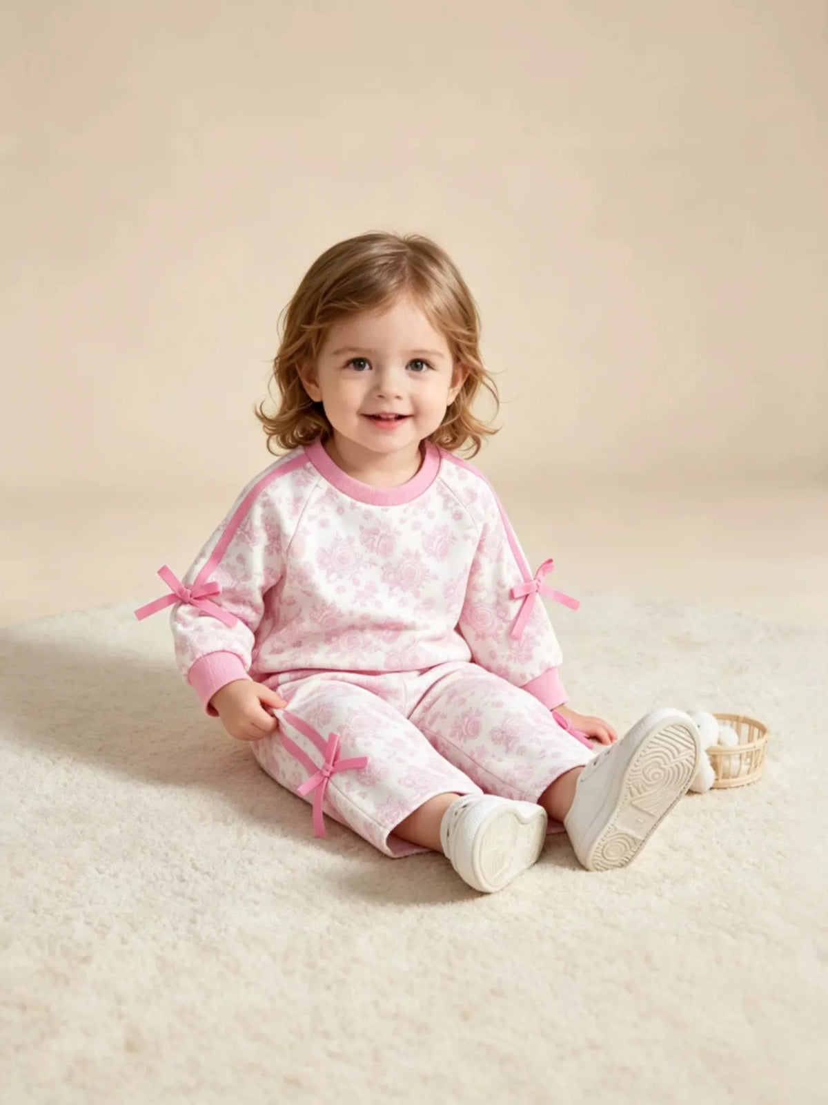 Pink floral-print long-sleeve lounge top and matching pants worn by a child