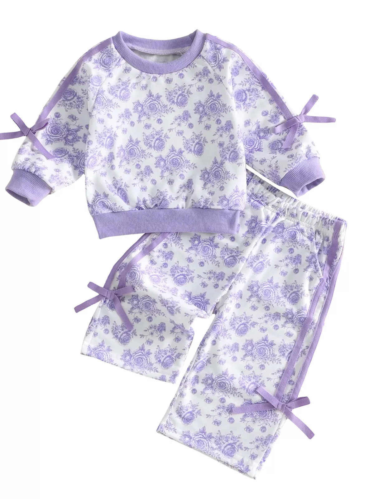 Purple floral-print long-sleeve lounge top and matching pants displayed flat