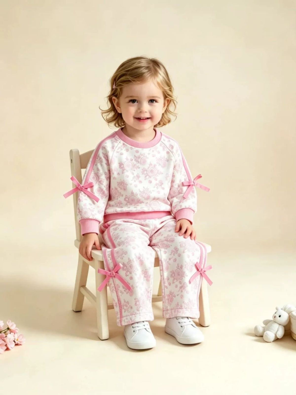 Pink floral-print long-sleeve lounge top and matching pants worn by a child