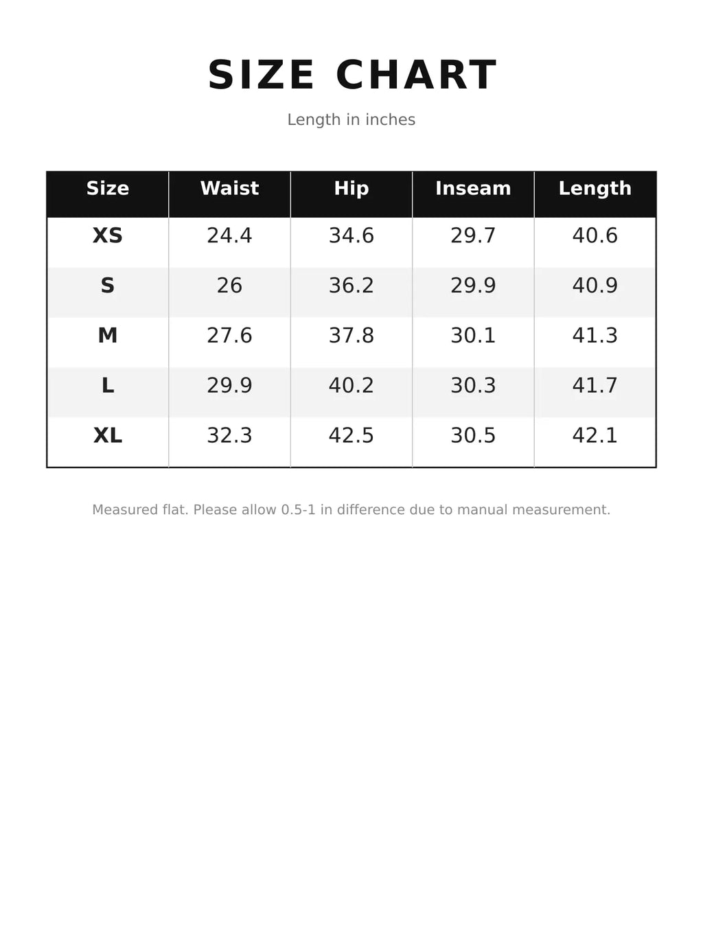 Size chart for high-waisted crossover waistband straight-leg jeans