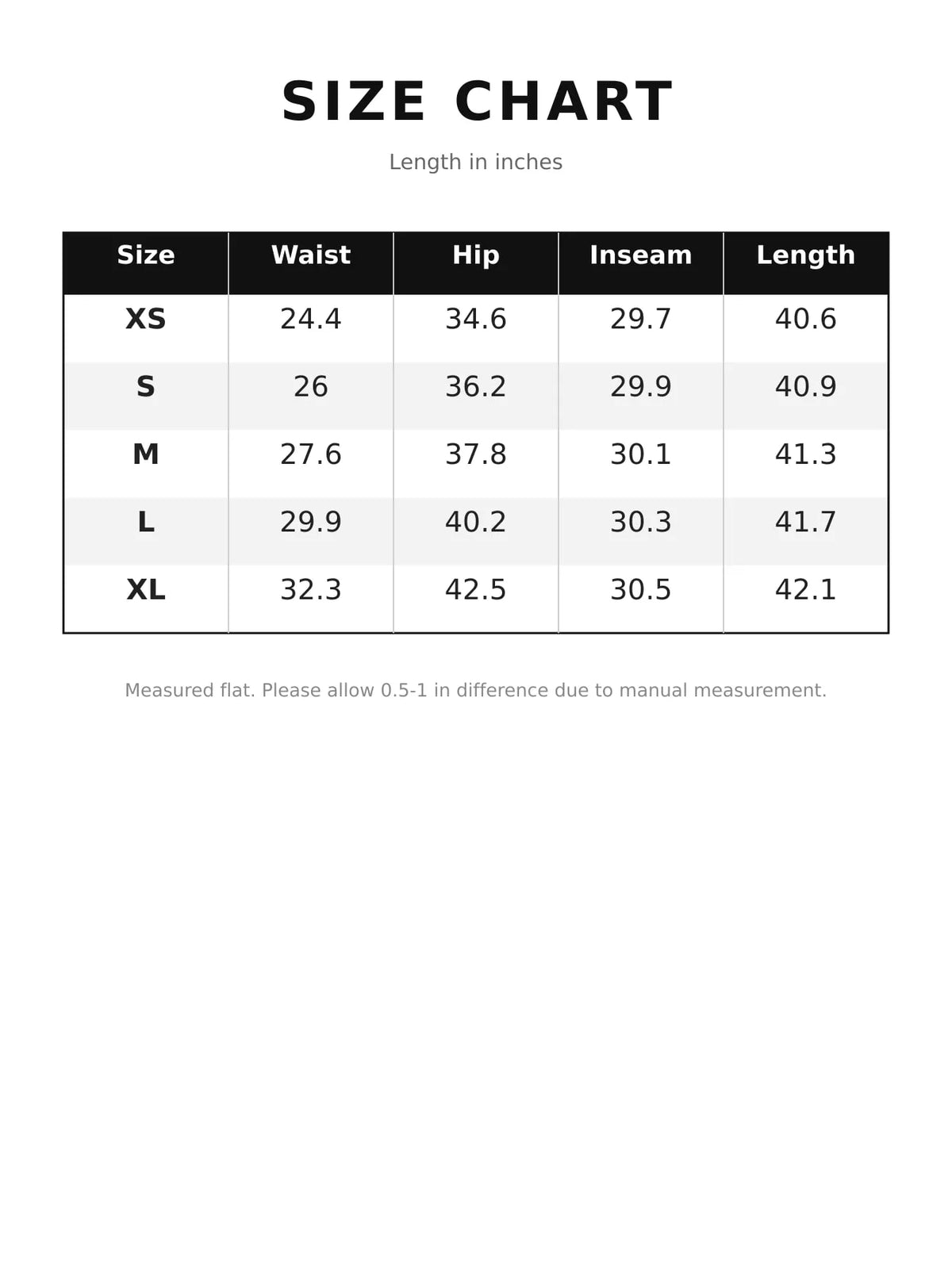 Size chart for high-waisted crossover waistband straight-leg jeans