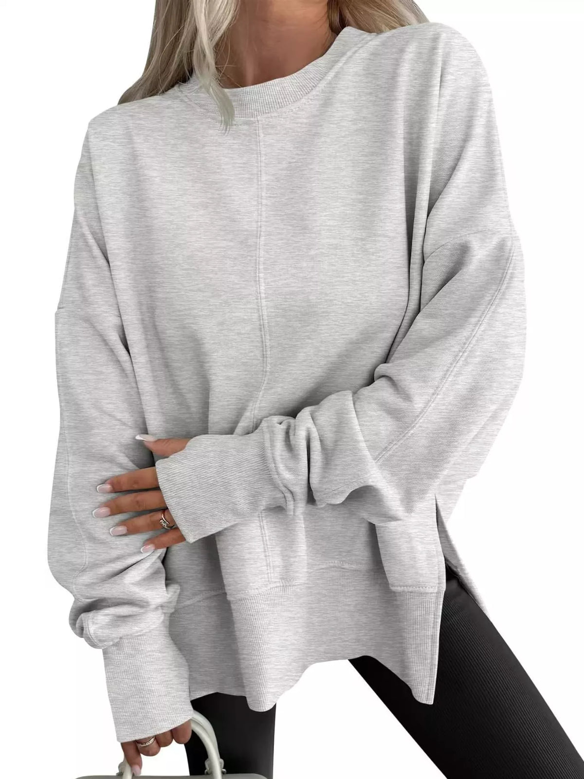 Light gray oversized Crew Neck Sweatshirt with Side Slit