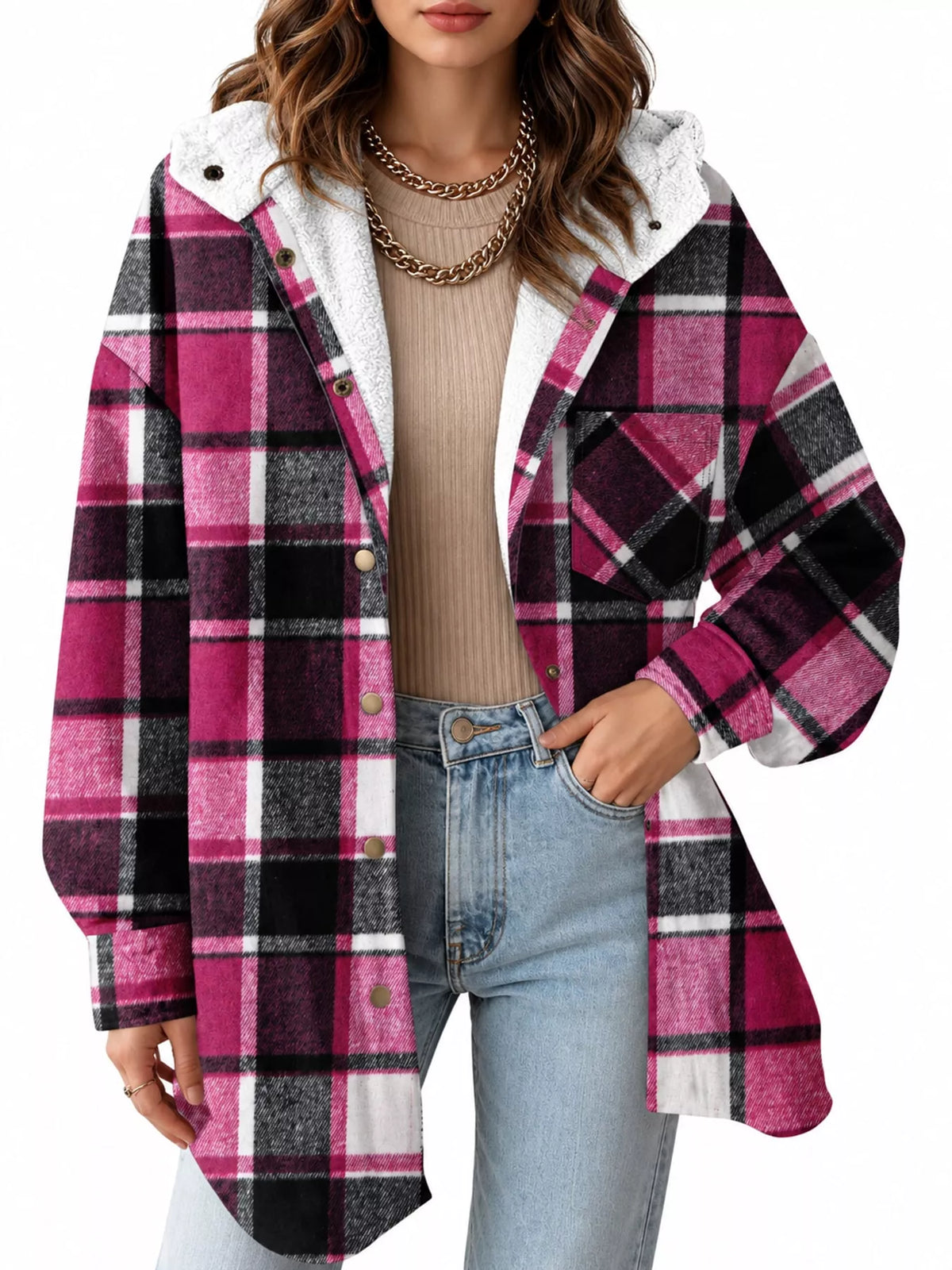Pink-and-black plaid hooded jacket, front view.