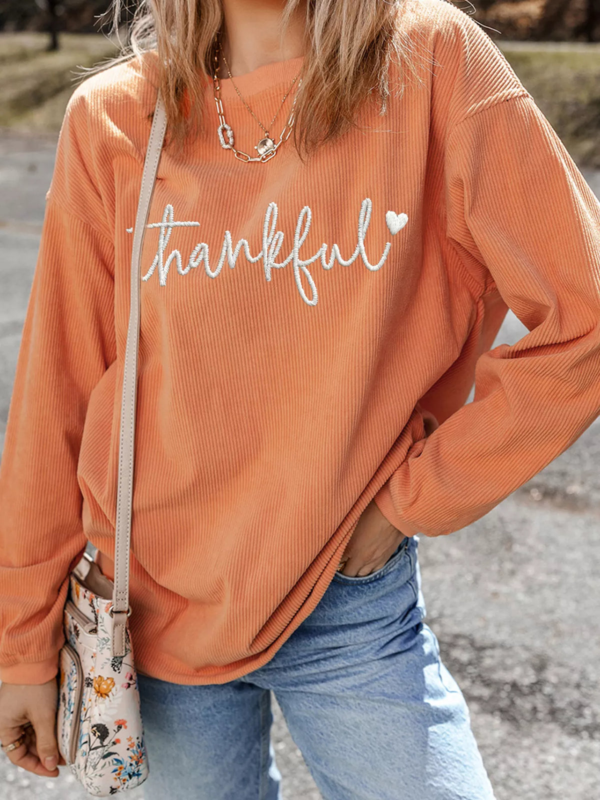 Orange thankful Embroidered Corded Crewneck Sweatshirt