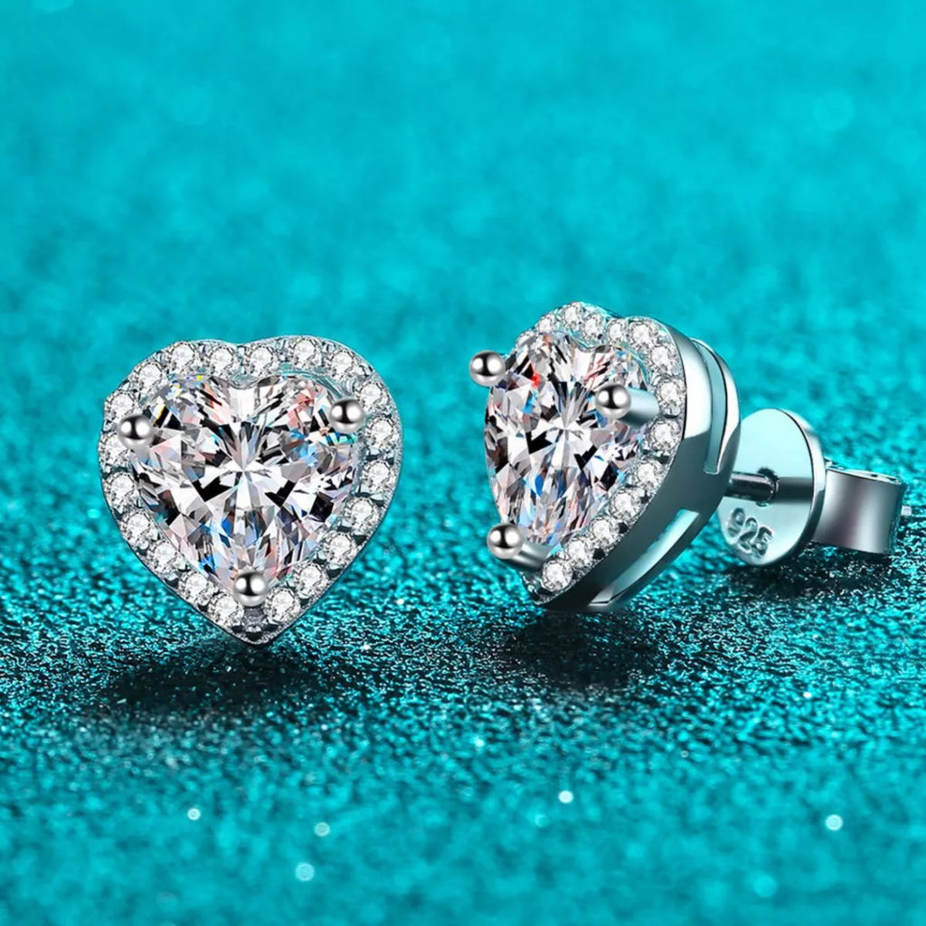 Heart-shaped clear stone halo stud earrings — detail view
