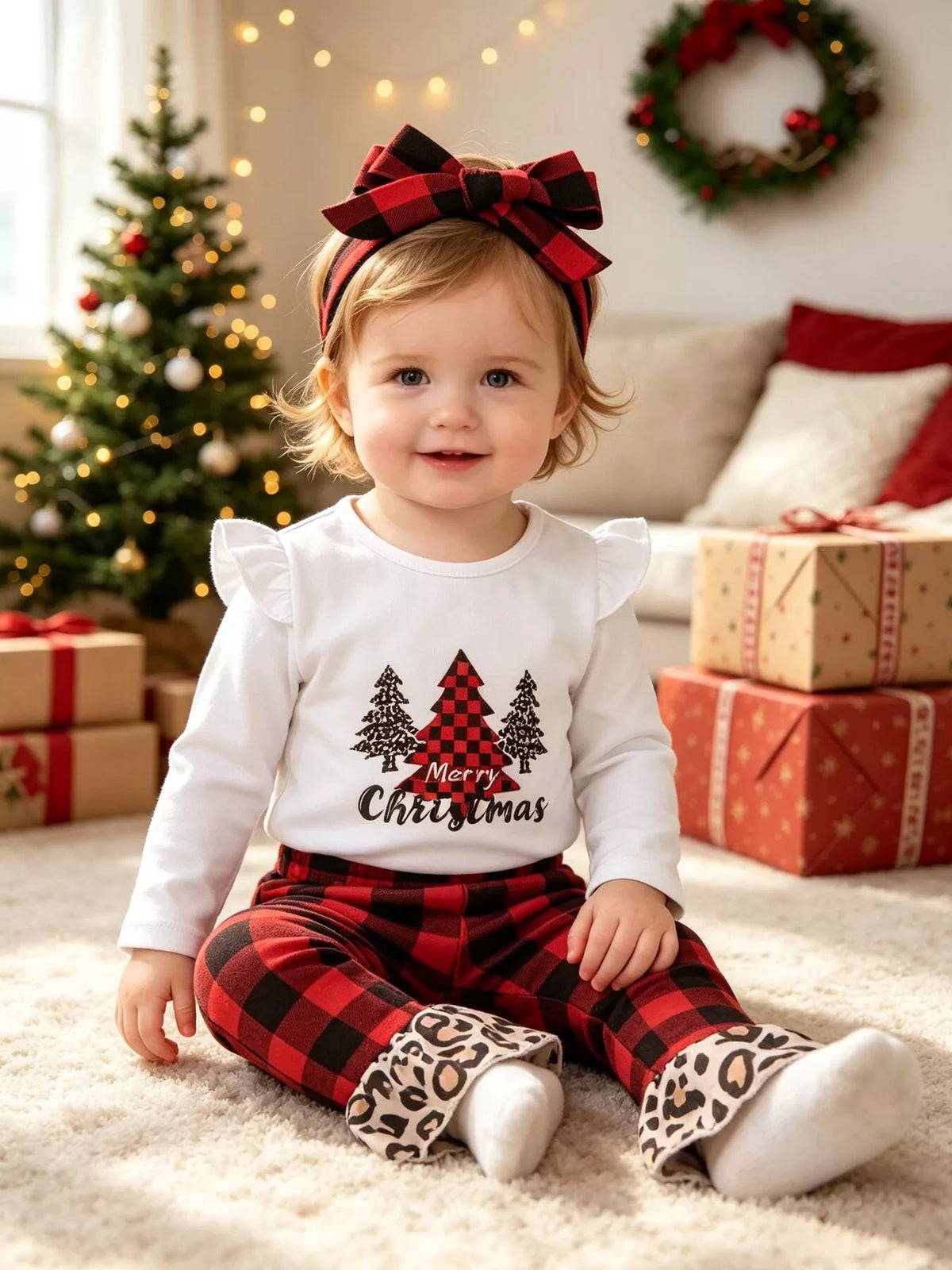 Seated toddler modeling the white Christmas graphic top and red plaid pants.